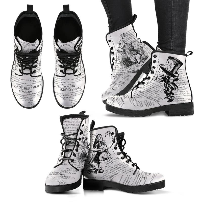 Alice in Wonderland John Tenniel Literary Style Bookish Eco-Leather Boots in Black