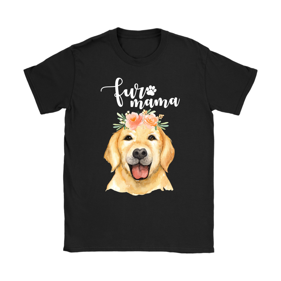 Golden Retriever Fur Mama T-Shirt for Women. Image of lady in red with her Labrador to show example of shirt worn. Click this image for more details!