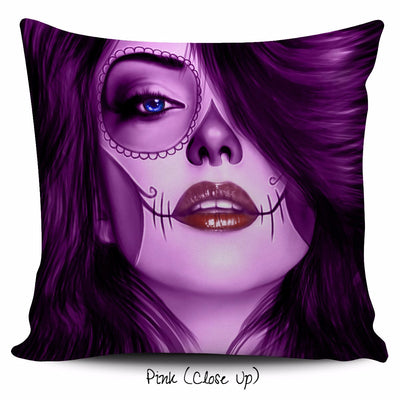 Calavera Girl Throw Pillow Cushion Cover in Pink