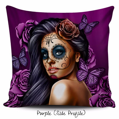 Calavera Girl Throw Pillow Cushion Cover in Purple