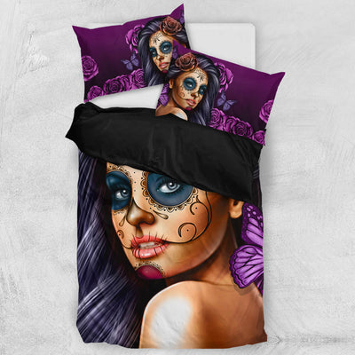 'Day of the Dead' Calavera Girl Bedding Set in Violet/Purple