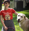 Golden Retriever Fur Mama T-Shirt for Women. Image of lady in red with her Labrador to show example of shirt worn. Click this image for more details!